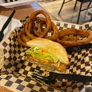 Burger and onion rings