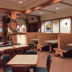 tables and benches in a restaurant