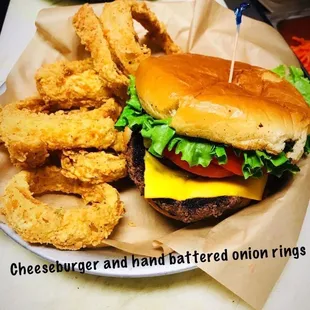 Cheeseburger and hand battered onion rings