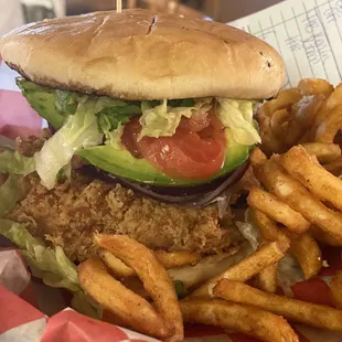 Chicken fried chicken burger with avocado