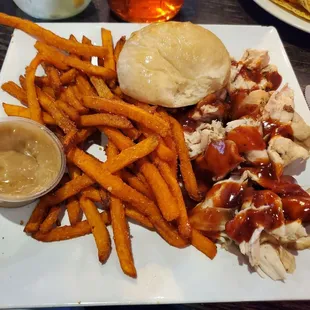 Smoked Pulled BBQ Chicken with sweet potato fries and brown sugar dipping sauce