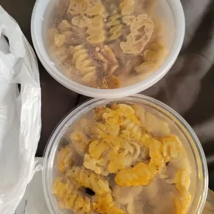 Seafood salad up top and mac n cheese on the bottom.