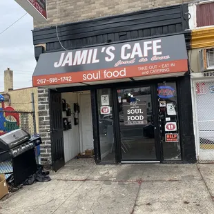 the entrance to jamil's cafe
