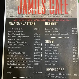 menu and prices
