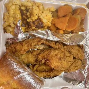 Fish platter with Mac &amp; cheese, yams, and cornbread