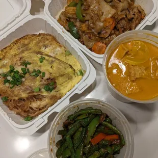 Pad Thai chicken, pad Kee mao pork, plikking beef, pumpkin curry tofu