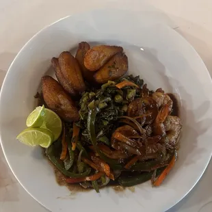 Jerk Shrimp, collard greens and Plantain