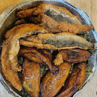 Cajun Fish with plantains and greens. Super delicious!