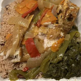 Escovitch snapper with red beans and rice and collards. Delicious!