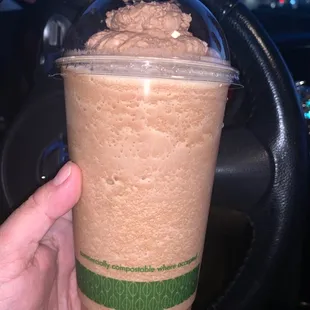 Almond roca frappe with chocolate whipped cream