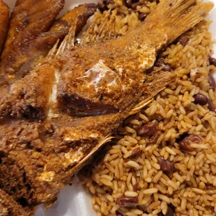 Red snapper, peas and rice and plantain close-up.
