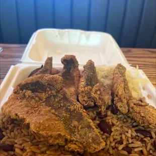 Lunch special: white fish, rice and peas, cabbage, plantain.