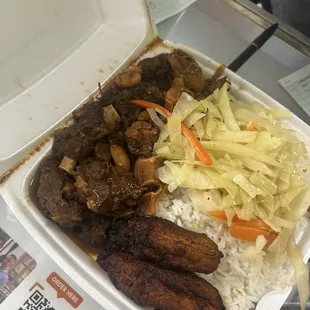 Oxtail with Rice and Cabbage side of plantains