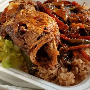 a meal in a styrofoam container