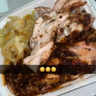 Small order or jerk chicken, cabbage, rice, with brown gravy. Jerk sauce comes on the side