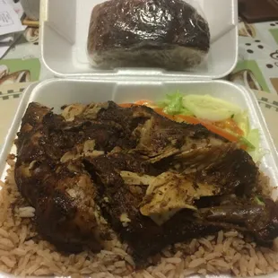 Jerk chicken , peas and rice , salad and banana bread!