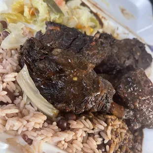 Jerk Chicken, rice &amp; peas, cabbage