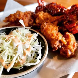 chicken wings and coleslaw