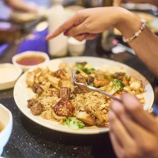 a plate of food being eaten