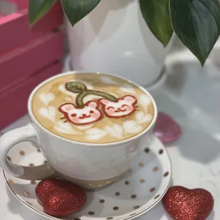 Valentine's special latte art featuring The Chocolate-Covered Cherry Latte!