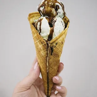 Andes Mint Homemade Ice Cream in a Homemade gluten free waffle cone