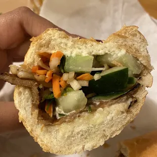 There is one slice of meat on our Grilled pork Bahn Mi. And it was cold.