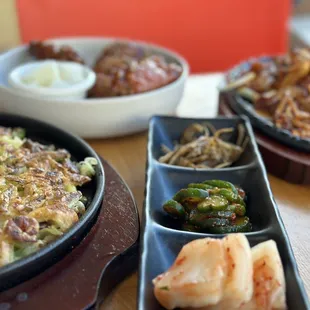 Seafood &amp; Green Onion Pancake, Sweet &amp; Spicy Sticky Party Wings, Spicy Pork and Banchan