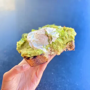 Avocado Mash Toast:Poached Egg, Sourdough (picked off the jalapeños and shallots) (08/2022)
