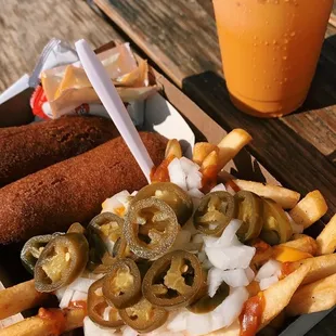 a hot dog and french fries