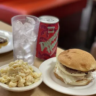 Lunch of champions:  hamburger deluxe, Mac salad, DH strawberry soda.