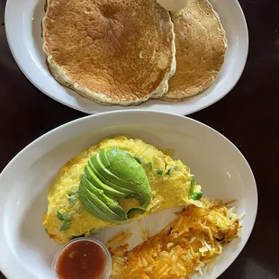 Build your own omelette with pancakes and hash browns