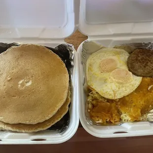 Full stack of pancakes combo, eggs over easy &amp; a sausage patty w a side of hash browns.