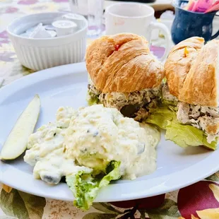 Apple chicken salad in a croissant and potato salad as a side