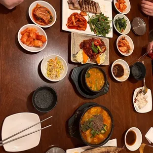 Gamja-tang, myung bean pancake, grilled mackerel, YangnyeomGejang and Doenjang-jjigie.