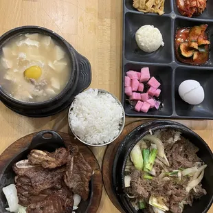 C1. Korean BBQ Galbi and Tofu Soup Combo (left), M5. Rice with Bulgogi (right)