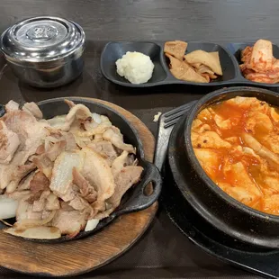 Pork belly and tofu soup combo. Pork belly was a little bland, but seafood tofu soup was delicious!