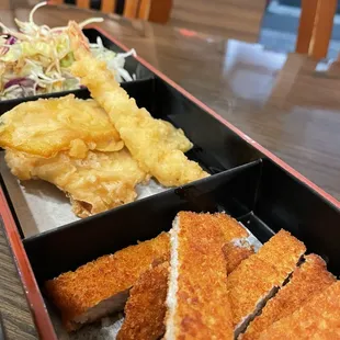 Tonkatsu with tempura shrimp and vegetables plus cabbage salad