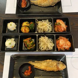 Side dishes: potato salad, cucumber kimchee, bean sprouts, kimchee, fried fish