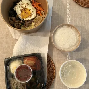 Bibimbap with complimentary side kimchi and complimentary side soup