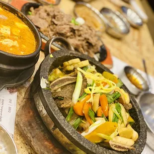 Galbi jjim, seafood soon tofu, bulgogi, seafood pancake