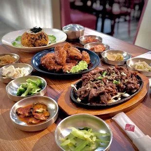 Kimchi fried rice, yangnyeom chicken, and bulgogi (+ banchan galore!)