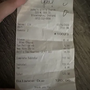 Receipt for party of 2