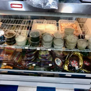 Fresh-made items like hummus and baba ghanosh and halal meats