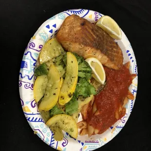 Salmon, penne tomato, veggies