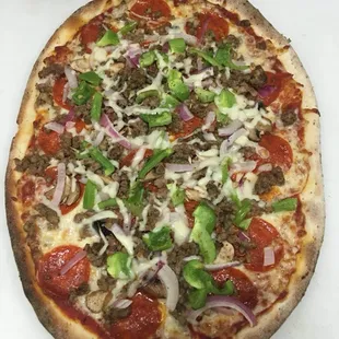 pepperoni, sausage, onions, and cheese