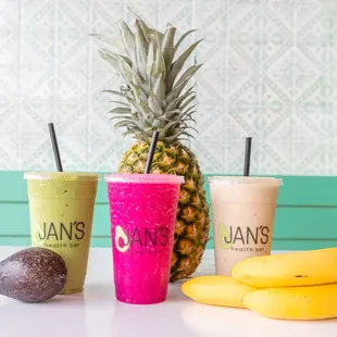 Go Green, Pure Dragon, and Chunky Monkey smoothies