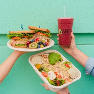 Jan's Classic Sandwich, Jan's Classic Salad, and Berry Bonanza Smoothie