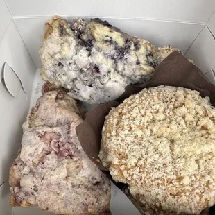 Blueberry and raspberry scone and sweet potato muffin.