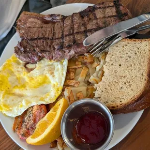 New York Strip Steak and Eggs (Requested over hard and picked whole wheat)