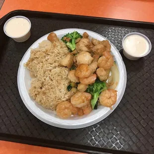 a plate of food on a tray